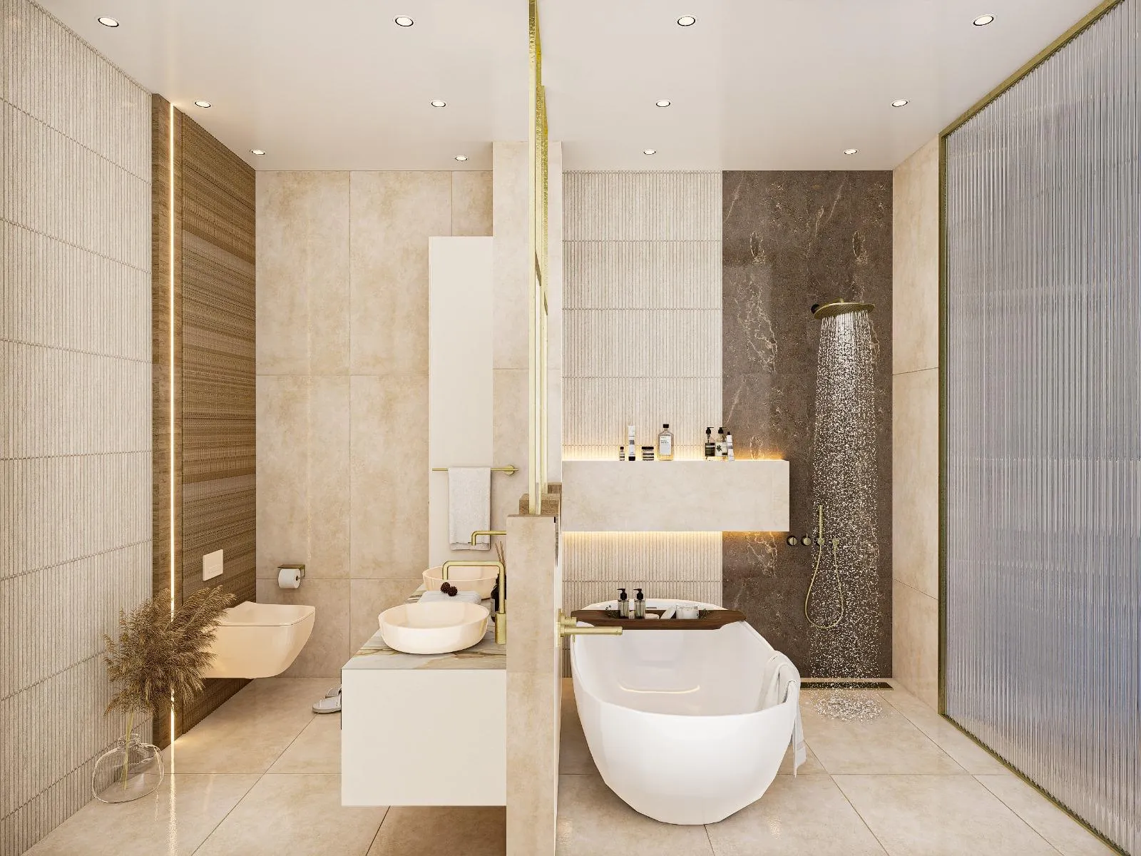Bej mermer fayanslı banyo tasarımı, ayaklı küvet, yağmur duşu ve koyu mermer vurgu duvarı